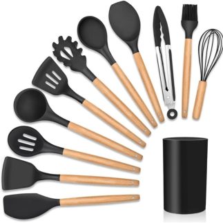 Conjunto Utensílios Cozinha Compato em Silicone Kit 12 Peças Leve Premium Antiaderente Espátula Duráveis Confeitar Organizar Cozinhar Resistentes Altas Temperaturas Colher Concha Design