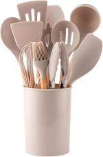 Conjunto de Utensílios de Cozinha, 12 Peças, Silicone e Madeira, Design Ergonômico, Antiderente e Resistente ao calor (Caqui)