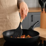 Conjunto de Utensílios de Cozinha em Silicone, 12 Peças, Cabo de Madeira, Resistente ao Calor até 230°C, com Suporte (Preto) - Imagem 2