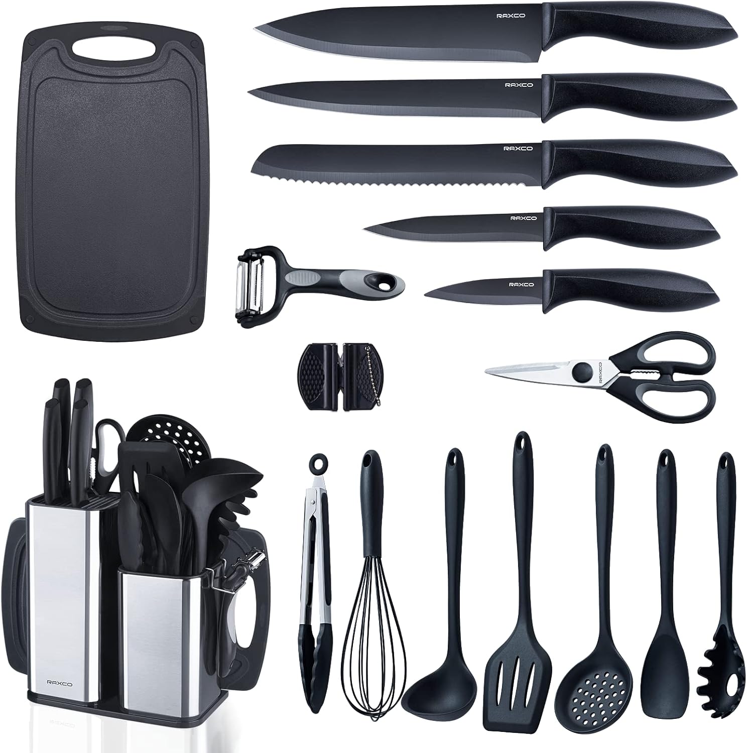 Conjunto-de-utensilios-de-cozinha-RAXCO-utensilios-de-cozinha-e.jpg Conjunto de utensílios de cozinha RAXCO, utensílios de cozinha e facas afiadas, suporte de aço inoxidável e tábua de corte