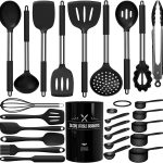 Conjunto de utensílios de cozinha de silicone, utensílios de cozinha grandes resistentes ao calor, conjunto de 26 espátulas de silicone, cabo de aço inoxidável, conjunto de ferramentas de utensílios de cozinha pretos para panelas antiaderentes