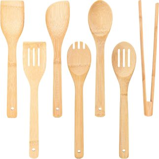 Conjunto de utensílios de madeira para cozinhar, 7 peças, utensílios de cozinha de bambu, espátulas, colheres, pinças para mexer, servir, misturar, degustar