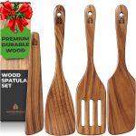 Espátula de madeira para cozinhar, conjunto de 4 espátulas de cozinha, utensílios de madeira de teca natural, incluindo pá de madeira, espátula de torneira, espátula ranhurada e raspador de madeira. panelas antiaderentes.