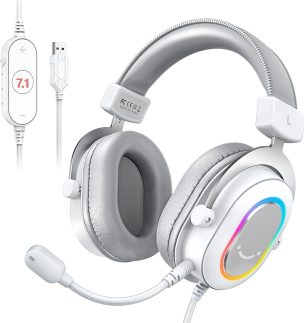 FIFINE USB Gaming Fone, fones de ouvido PC com fio com microfone para computador/laptop, over-ear RGB headset com som surround 7.1, cancelamento de ruído para streaming de vídeo game - H6 branco