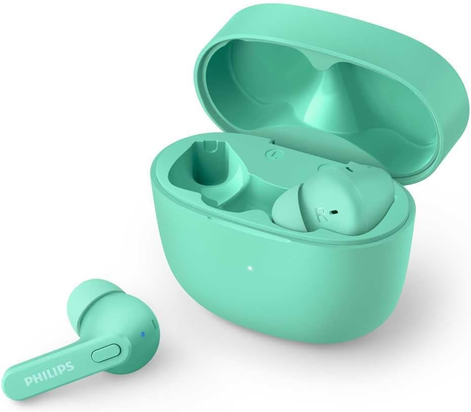 Fone-de-ouvido-sem-fio-TWS-bluetooth-com-microfone-formato.jpg Fone de ouvido sem fio TWS bluetooth com microfone, formato em haste, IPX4 e energia para 18 horas totais na cor verde TAT2206GR/00
