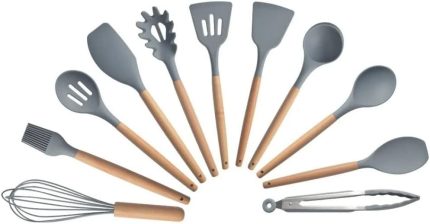 Jogo Utensílios de Cozinha em Silicone Madeira 12 Peças (Cinza-Escuro)