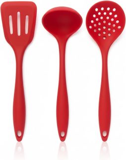 KIT 3 UTENSILIOS COZINHA SILICONE VERMELHO CONCHA ESPATULA ESCUMADEIRA PREMIUM RESISTENTE ATE 230°C NÃO RISCA PANELA