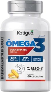 Katiguá, Ômega 3 + Coenzima Q10, MEG-3, EPA + DHA e Vitamina E, Fish Oil, 60 Cápsulas Soft Gel • 30 doses, Branco