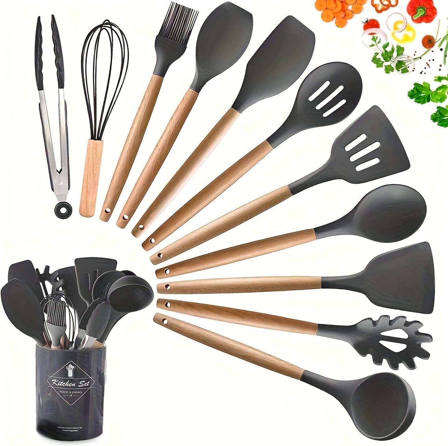 Kit-12-Pecas-Utensilios-De-Cozinha-Silicone-Cabo-De-Madeira.jpg Kit 12 Peças Utensílios De Cozinha Silicone Cabo De Madeira Resistente Premium Completo Livre De Bpa