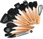 Kit 12 Utensílios de Cozinha em Silicone Premium com Cabo de Madeira Resistente ao Calor, Antiaderente, Seguro para Panelas, Colher, Espátula, Batedor e Concha Preto