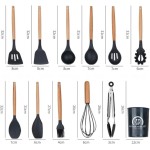Kit 12 Utensílios de Cozinha em Silicone Premium com Cabo de Madeira Resistente ao Calor, Antiaderente, Seguro para Panelas, Colher, Espátula, Batedor e Concha Preto - Imagem 2