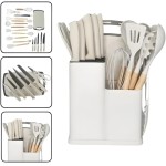 Kit 19 Peças Utensilios Cozinha Silicone Com Facas Antiaderente Cabo De Madeira Tratada Kit Com Colher Concha Espatula Pegador Tesoura Tabua - Jogo Completo Premium Branco Marmore. - Imagem 2