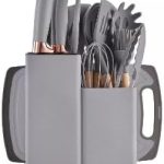Kit 19 Utensílios De Cozinha Com Cabo De Madeira E Silicone (Cinza)