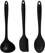 Kit 3 Utensílios de Cozinha em Silicone Espátula Colher e Concha Premium Antirriscos Maleáveis Duráveis e Livres de BPA Ideais para Panelas Antiaderentes Preto 27cm