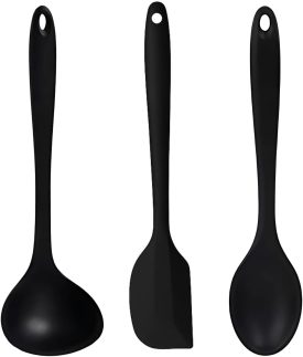 Kit 3 Utensílios de Cozinha em Silicone Espátula Colher e Concha Premium Antirriscos Maleáveis Duráveis e Livres de BPA Ideais para Panelas Antiaderentes Preto 27cm