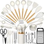 Kit 44 Colher de Silicone Utensilios para Cozinha Cabos de Madeira Resistente ao Calor C/Ralador Para Panelas Antiaderente