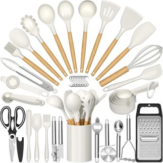 Kit 44 Colher de Silicone Utensilios para Cozinha Cabos de Madeira Resistente ao Calor C/Ralador Para Panelas Antiaderente