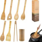 Kit 8 Utensílios de Cozinha de Bambu, Ferramentas de Espátula Antiaderente com Alças, Conjunto de Espátula Resistente ao Calor, Utensílio de Cozinha Antiaderente, Barril de Armazenamento de Bambu