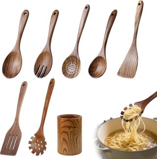 Kit 8 utensílios de cozinha de madeira, colheres de madeira de teca natural, espátulas e barril de armazenamento de madeira para panelas antiaderentes