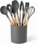 Kit Completo 12 Utensílios de Cozinha Silicone e Cabo de madeira Resistente ao calor Antiaderente Tamanho ideal para uso diário BPA Free (CINZA)