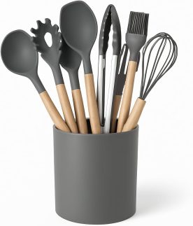 Kit Completo 12 Utensílios de Cozinha Silicone e Cabo de madeira Resistente ao calor Antiaderente Tamanho ideal para uso diário BPA Free (CINZA)