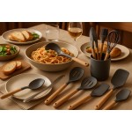 Kit Completo 12 Utensílios de Cozinha Silicone e Cabo de madeira Resistente ao calor Antiaderente Tamanho ideal para uso diário BPA Free (CINZA) - Imagem 2