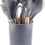 Kit Utensílios de Cozinha 12 Peças de Silicone Cabo de Madeira com Suporte Organizador (Cinza)