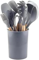 Kit Utensílios de Cozinha 12 Peças de Silicone Cabo de Madeira com Suporte Organizador (Cinza)