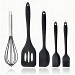 Kit Utensílios de Cozinha Silicone 5 Peças, Batedor Fue, Espátulas e Pincel, Resistente ao Calor, Livre de BPA, Antiaderente (Preto)