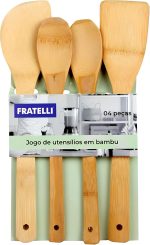 Kit Utensílios de Cozinha em Bambu 4 Peças – 2 Colheres e 2 Espátulas – Colheres e Espátulas Multifuncionais, Ecológicas, Resistentes ao Calor, Não Risca Panelas, Sustentável e Livre de BPA