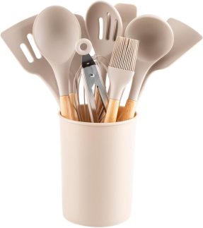 Kit com 12 Utensílios de Cozinha em Silicone com Cabo de Madeira Conjunto Completo com Suporte, Resistente ao Calor até 230°C (Bege)