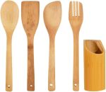 Kit de Utensílios de Cozinha em Bambu, 4 Peças, Espátula Reta, Espátula Arredondada, Garfo e Colher
