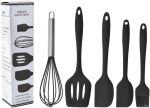 Kit de Utensílios de Cozinha em Silicone, 5 Peças, Inclui Fouet, Espátulas e Pincel, Resistente ao Calor 230°C, Antiaderente, Livre de BPA (Preto)