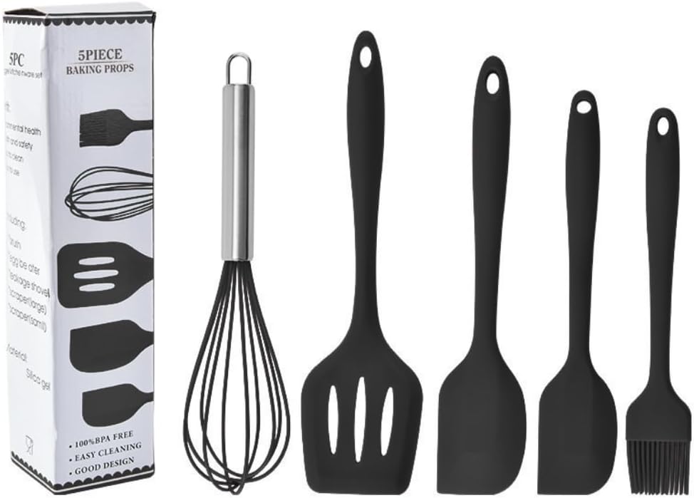 Kit-de-Utensilios-de-Cozinha-em-Silicone-5-Pecas-Inclui.jpg Kit de Utensílios de Cozinha em Silicone, 5 Peças, Inclui Fouet, Espátulas e Pincel, Resistente ao Calor 230°C, Antiaderente, Livre de BPA (Preto)