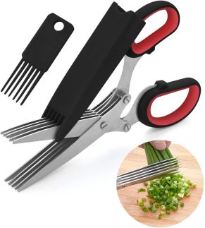 LHS Tesoura de ervas, tesoura multiuso de 5 lâminas de cozinha com capa de segurança, tesoura de cozinha para cortar manjericão cebolinha salsa - preta
