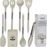 LUMAI Kit 8 Utensílios de Cozinha Grandes em Silicone e Aço Inox, Resistentes ao Calor, Antiderrapantes e Antirriscos, Acessórios de Cozinha Espátula, Colher, Pegador de Massa, Concha e Mais – Bege