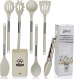 LUMAI Kit 8 Utensílios de Cozinha Grandes em Silicone e Aço Inox, Resistentes ao Calor, Antiderrapantes e Antirriscos, Acessórios de Cozinha Espátula, Colher, Pegador de Massa, Concha e Mais – Bege