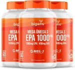 Mega Omega 3, EPA 1000mg + DHA 400mg, Certificado Meg-3, 60 cápsulas, Bigens (Kit 3, Sem Vitamina E)