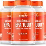 Mega Omega 3, EPA 1000mg + DHA 400mg, Certificado Meg-3, 60 cápsulas, Bigens (Kit 3, Sem Vitamina E)