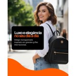 Mochila Feminina Luxo Monogramada Estilo Grife Internacional Alças Confortáveis Ajustáveis Zíper Dourado Espaço Interno Grande Bolsa Casual, Trabalho e Passeio - Imagem 2