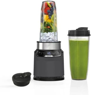 Ninja BN401-A Nutri Pro Liquidificador pessoal compacto, tecnologia Auto-iQ, 1100 Watts de pico, para bebidas geladas, smoothies, molhos e mais, com copos portáteis e tampas com bico, cinza