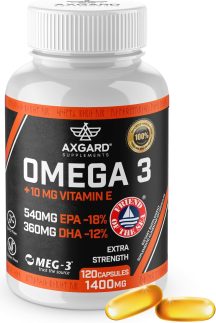 Omega 3 Epa Dha + Vitamina E, Selo FOS e MEG3, 1400Mg (120 Caps), Livre de Metais Pesados, Produto extraído de Pesca Sustentável Axgard Supplements