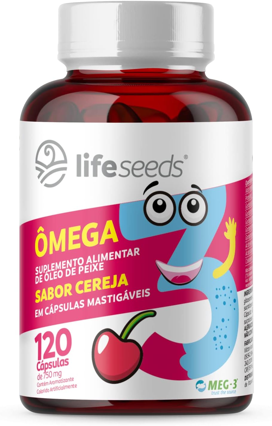Omega-3-Mastigavel-Sabor-Cereja-Epa-Dha-Certificacao-Internacional.jpg Ômega 3 Mastigável Sabor Cereja Epa Dha - Certificação Internacional MEG-3 – 120 Cápsulas
