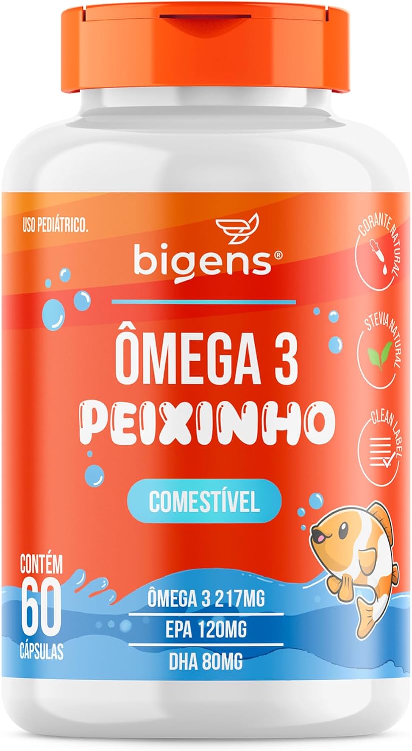Omega-3-Peixinho-Concentrado-em-EPA-e-DHA-Sabor-laranja.jpg Ômega 3 Peixinho, Concentrado em EPA e DHA, Sabor laranja, 60 Caps Mastigáveis, Bigens