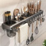 Organizador de Utensílios de Cozinha em Metal, Suporte de Parede Multifuncional, com Ganchos para Talheres e Acessórios