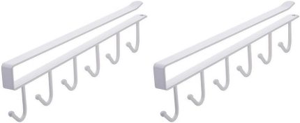 Pacote com 2 suportes brancos de gancho para utensílios de cozinha – Design com vários ganchos para panelas, panelas, utensílios e organização de toalhas