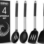 Pacote com 4 espátulas e colheres de cozinha de silicone grandes, conjunto de utensílios de cozinha de aço inoxidável sólido e ranhurado, cozinha antiaderente resistente ao calor para assar, frito, fritar, misturar, servir (Preto)