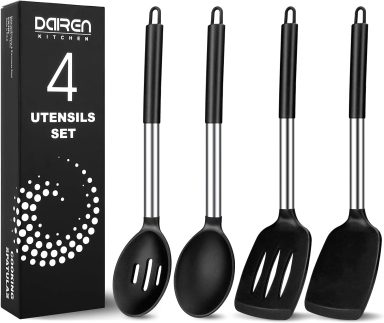 Pacote com 4 espátulas e colheres de cozinha de silicone grandes, conjunto de utensílios de cozinha de aço inoxidável sólido e ranhurado, cozinha antiaderente resistente ao calor para assar, frito, fritar, misturar, servir (Preto)