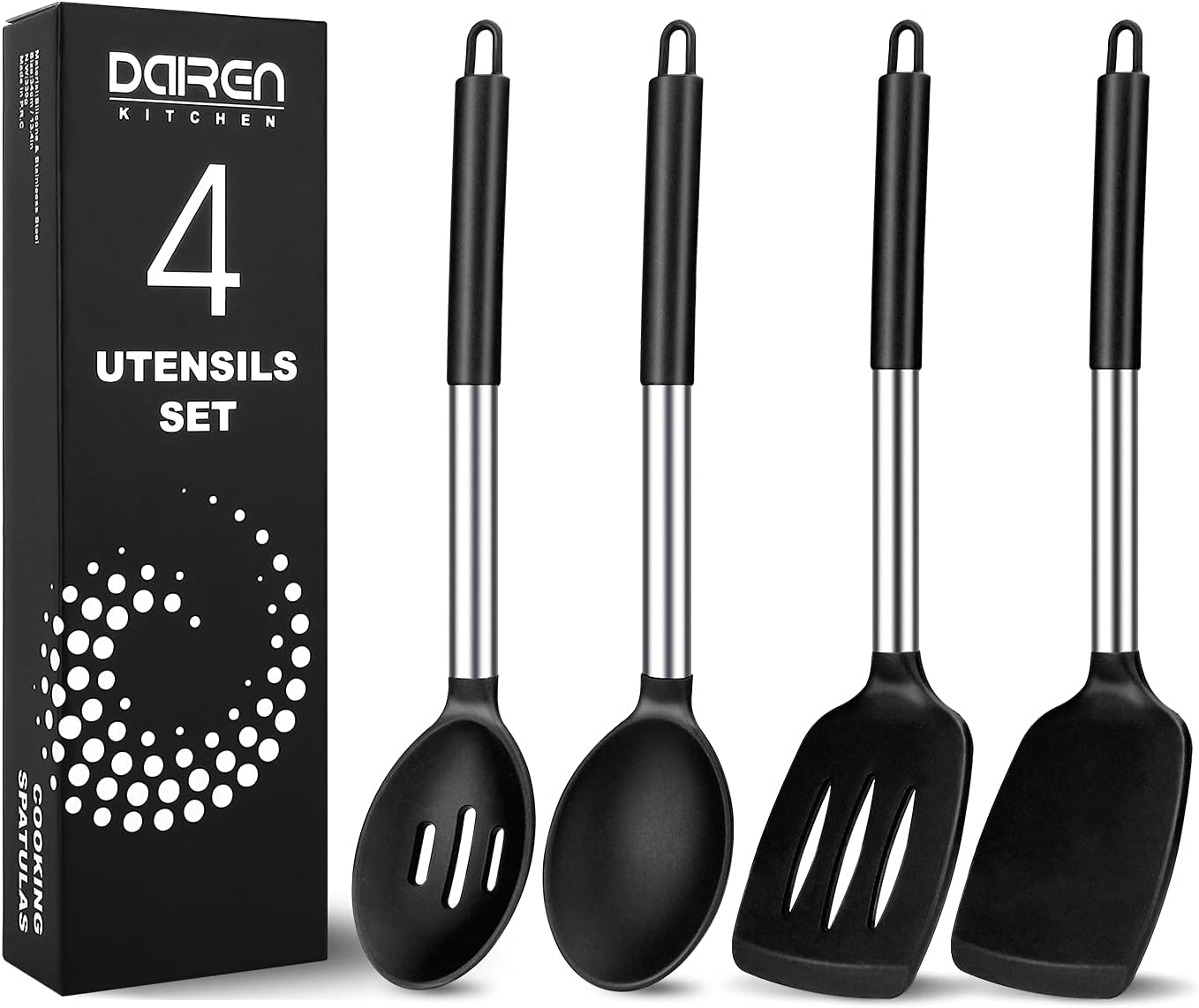Pacote-com-4-espatulas-e-colheres-de-cozinha-de-silicone.jpg Pacote com 4 espátulas e colheres de cozinha de silicone grandes, conjunto de utensílios de cozinha de aço inoxidável sólido e ranhurado, cozinha antiaderente resistente ao calor para assar, frito, fritar, misturar, servir (Preto)