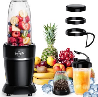 Sangcon Liquidificador de 1000 W para vitaminas, liquidificadores para cozinha com (3) xícaras (2) tampas de bico (1) tampa de armazenamento (1) tampa para viagem, liquidificador portátil para shakes